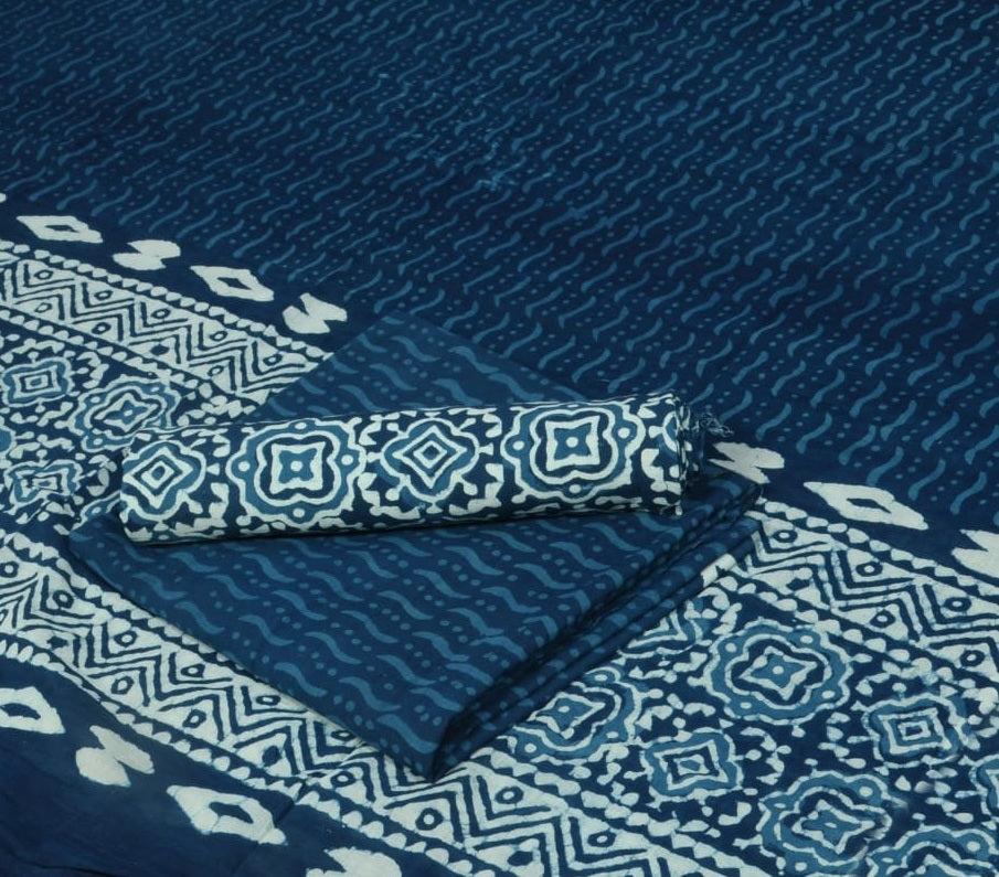 Pure Cotton Hand Block Printed Unstitched Salwar Suit Set With Cotton/Mulmul Dupatta - JBG231