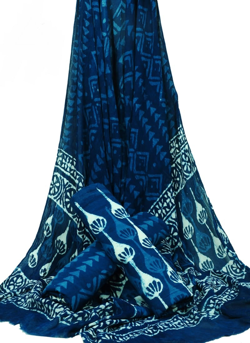 Indigo Blue Hand Block Printed Pure Cotton Unstitched Suit With Chiffon Dupatta - JBGC15