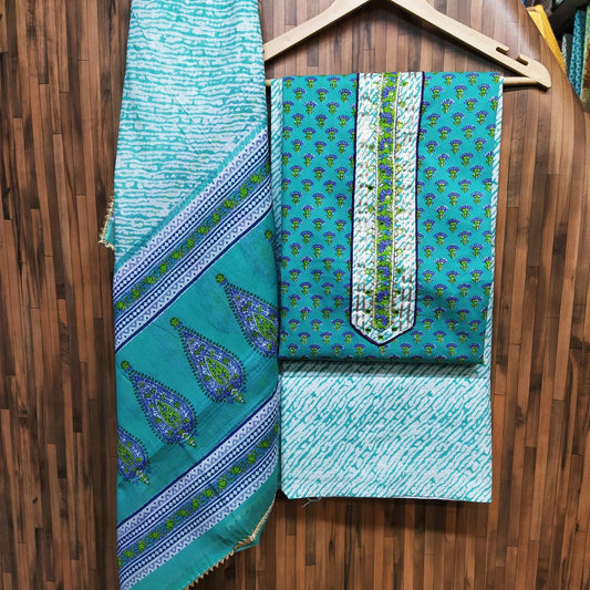 Small Buti Print Floral Cotton Hand Block Printed Gota Patti Suits with Cotton Dupatta- JBXGP93