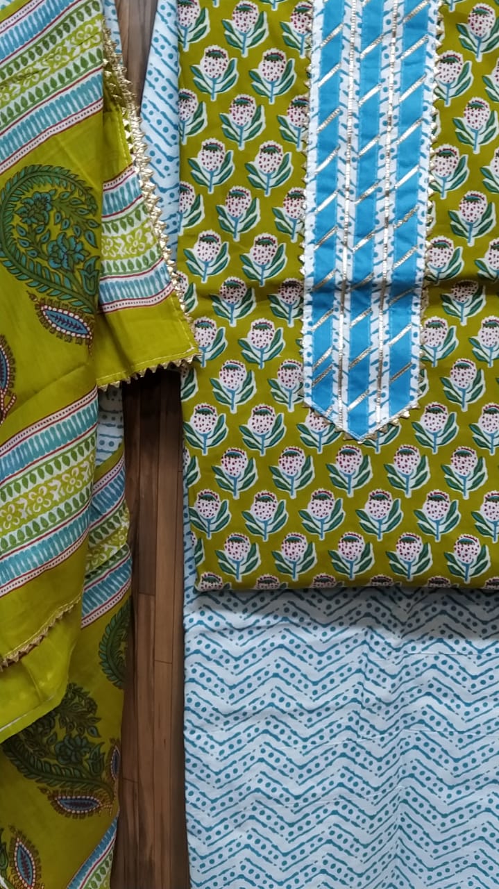 Small Buti Floral Design Cotton Hand Block Printed Gota Patti Suits with Cotton Dupatta- JBXGP74