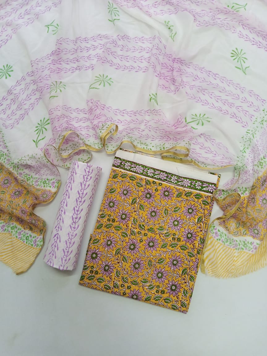 Yellow with Purple Florals Kalamkari Hand Block Printed Unstitched Cotton Suit with Chiffon Dupatta - JB89