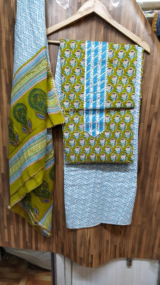 Small Buti Floral Design Cotton Hand Block Printed Gota Patti Suits with Cotton Dupatta- JBXGP74