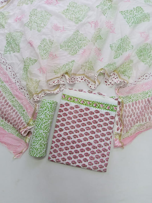 White Base Pink & Green Small Floral Buti Hand Block Printed Unstitched Cotton Suit with Chiffon Dupatta - JB90