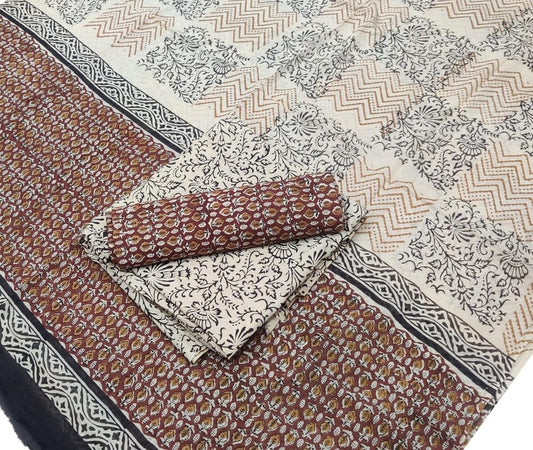 Hand Block Printed Pure Cotton Unstitched Salwar Suit Set With Cotton/Mulmul Dupatta - JBG195