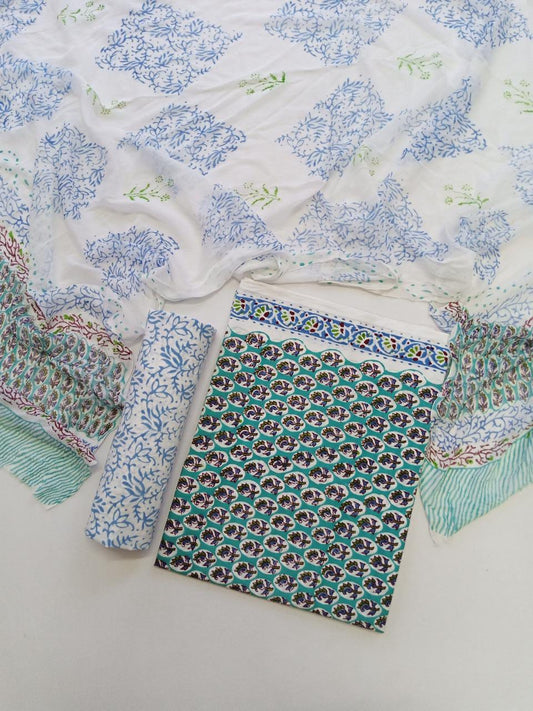 Sea Green Small Floral Buti Hand Block Printed Unstitched Cotton Suit with Chiffon Dupatta - JB91