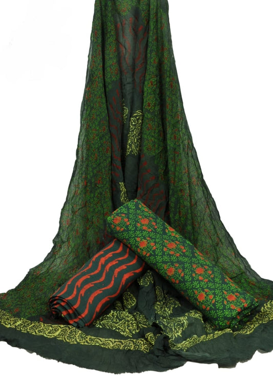 Hand Block Printed Pure Cotton Unstitched Suit With Chiffon Dupatta - JBGC129