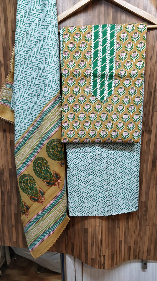 Small Buti Floral Design Cotton Hand Block Printed Gota Patti Suits with Cotton Dupatta- JBXGP73