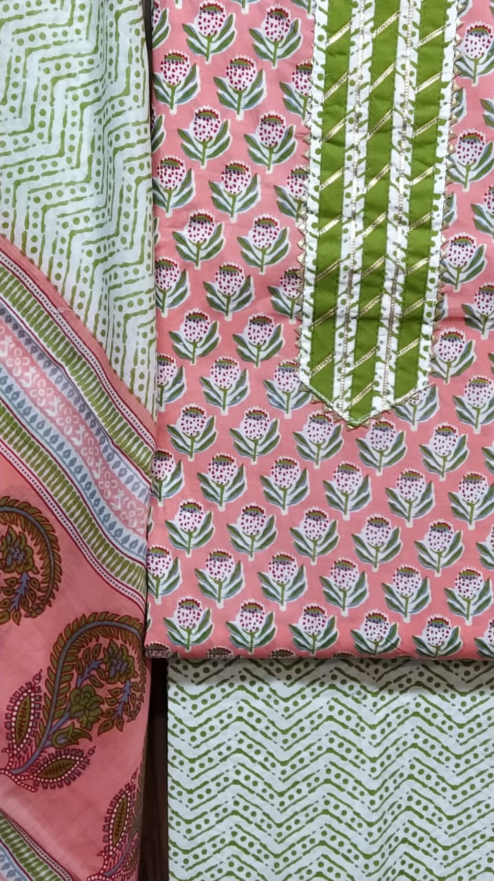 Small Buti Floral Design Cotton Hand Block Printed Gota Patti Suits with Cotton Dupatta- JBXGP72