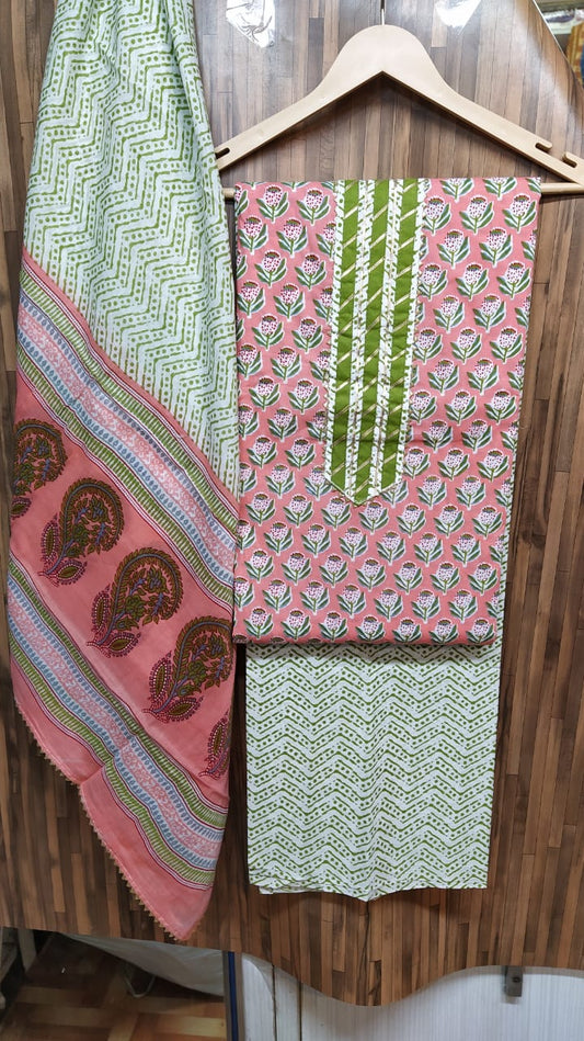 Small Buti Floral Design Cotton Hand Block Printed Gota Patti Suits with Cotton Dupatta- JBXGP72