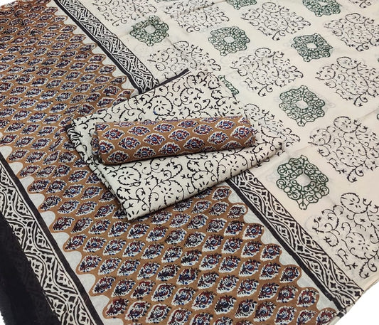 Hand Block Printed Pure Cotton Unstitched Salwar Suit Set With Cotton/Mulmul Dupatta - JBG192