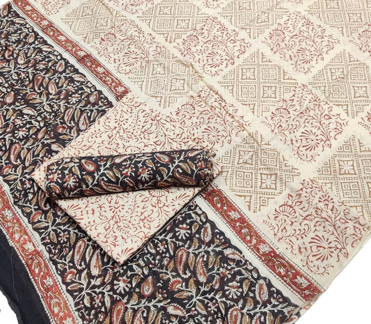 Hand Block Printed Pure Cotton Unstitched Salwar Suit Set With Cotton/Mulmul Dupatta - JBG189
