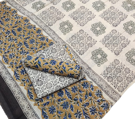 Pure Cotton Hand Block Printed Unstitched Salwar Suit Set With Cotton/Mulmul Dupatta - JBG185