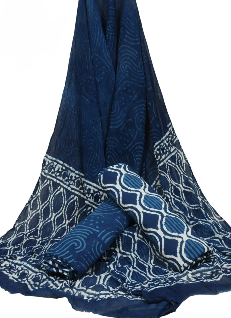 Indigo Blue Hand Block Printed Pure Cotton Unstitched Suit With Chiffon Dupatta - JBGC14
