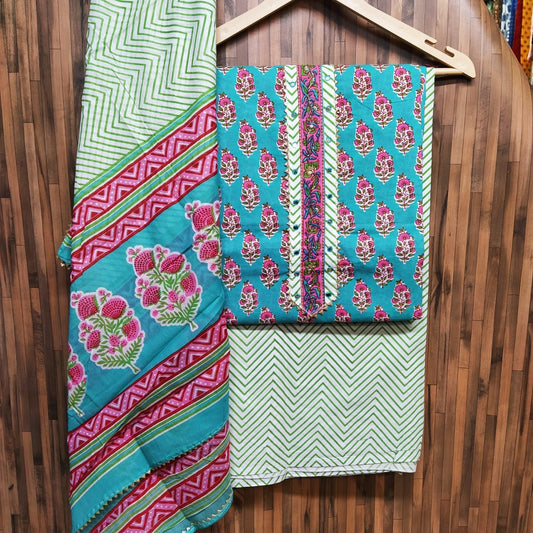 Small Buti Print Floral Cotton Hand Block Printed Gota Patti Suits with Cotton Dupatta- JBXGP92