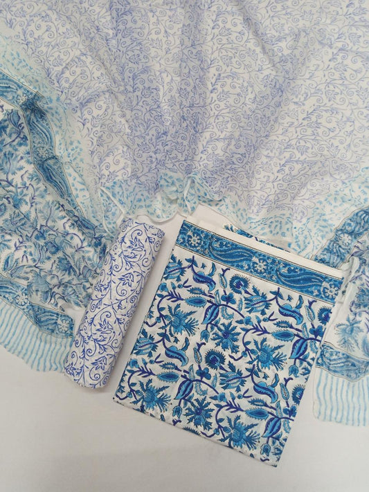 White Base Turquoise and Blue Kalamkari Jaal Hand Block Printed Pure Cotton Unstitched Salwar Suit with Chiffon Dupatta - JB80