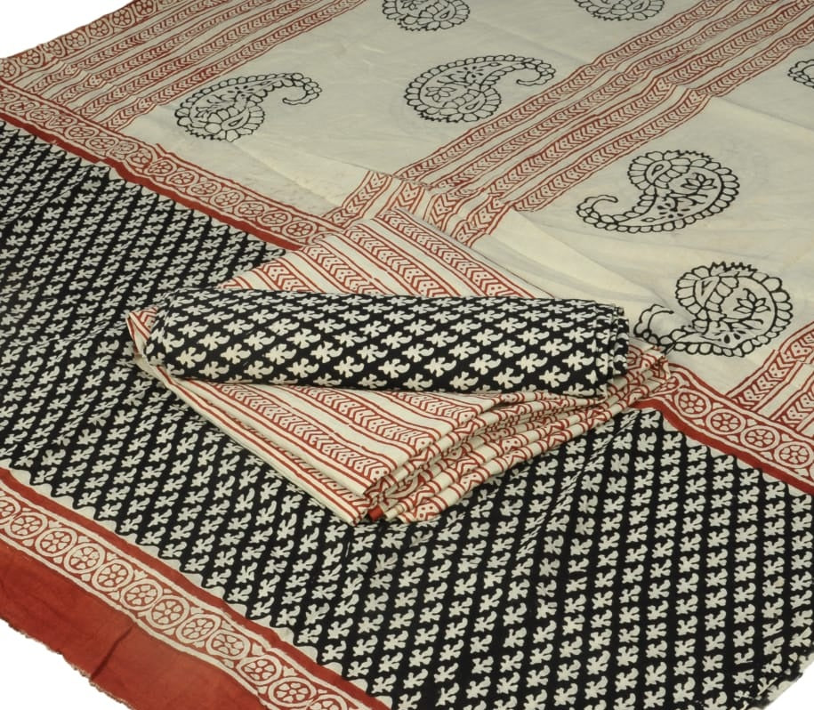 Hand Block Printed Pure Cotton Unstitched Salwar Suit Set With Cotton/Mulmul Dupatta - JBG183