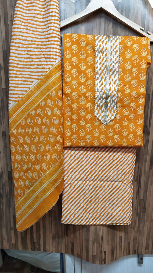 Small Floral Buti Cotton Hand Block Printed Gota Patti Suits with Cotton Dupatta- JBXGP67