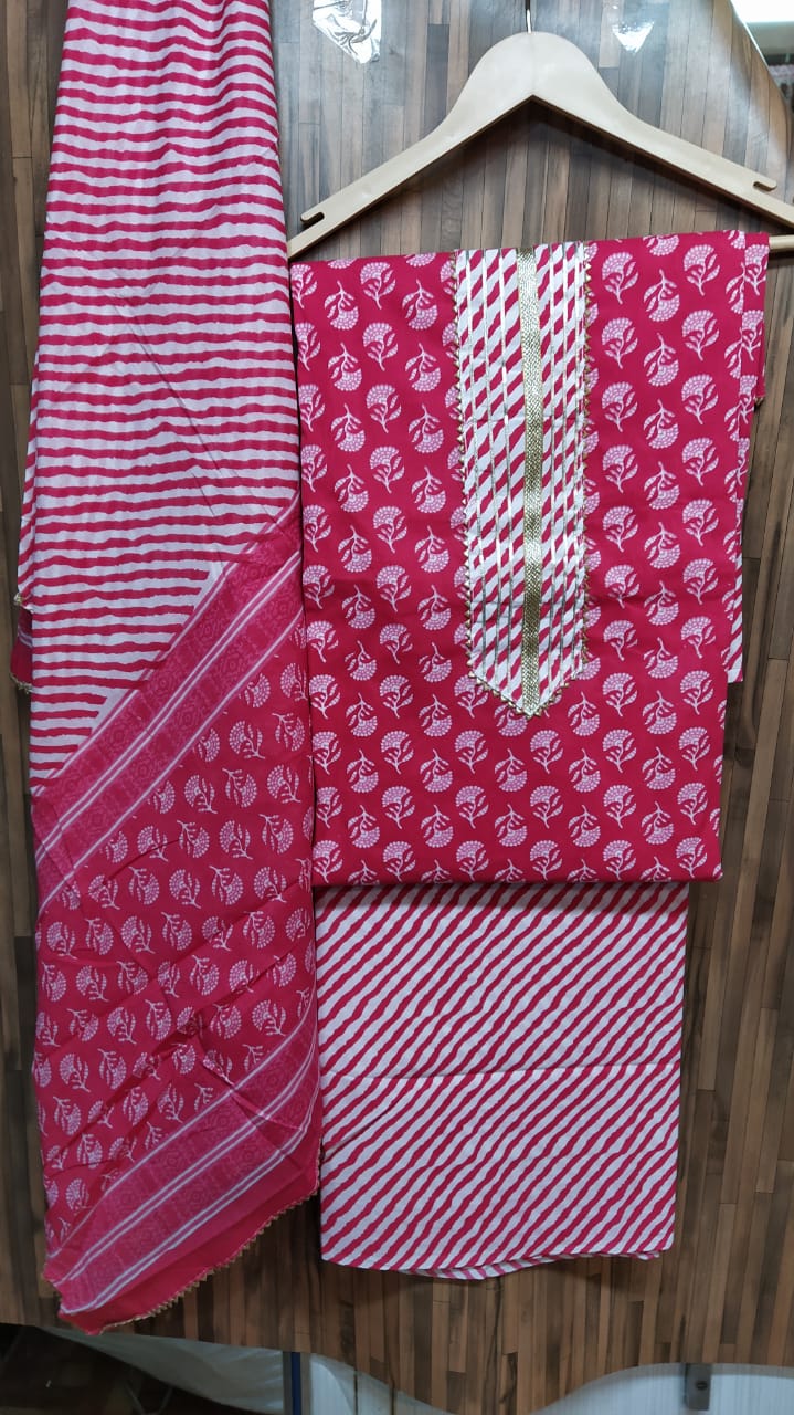 Small Floral Buti Cotton Hand Block Printed Gota Patti Suits with Cotton Dupatta- JBXGP66