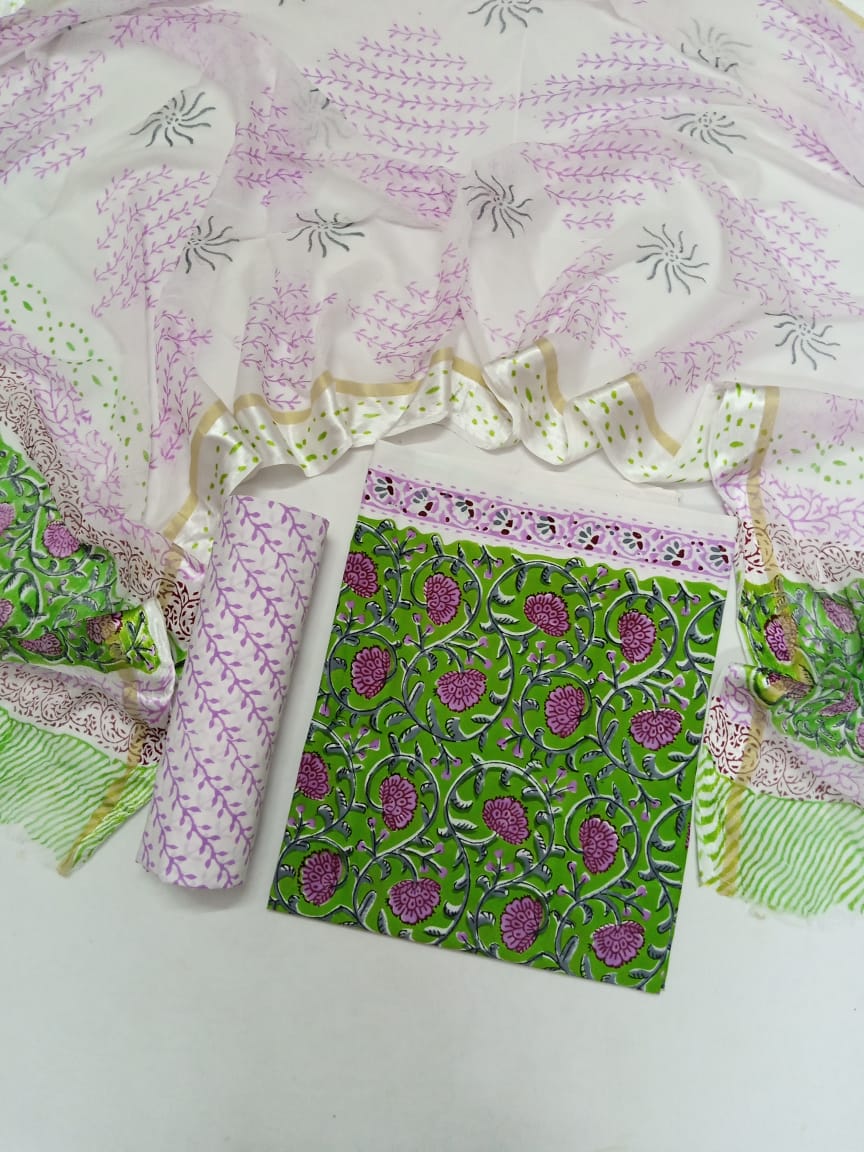 Green with Purple Florals Hand Block Printed Pure Cotton Unstitched Salwar Suit with Chiffon Dupatta - JB13