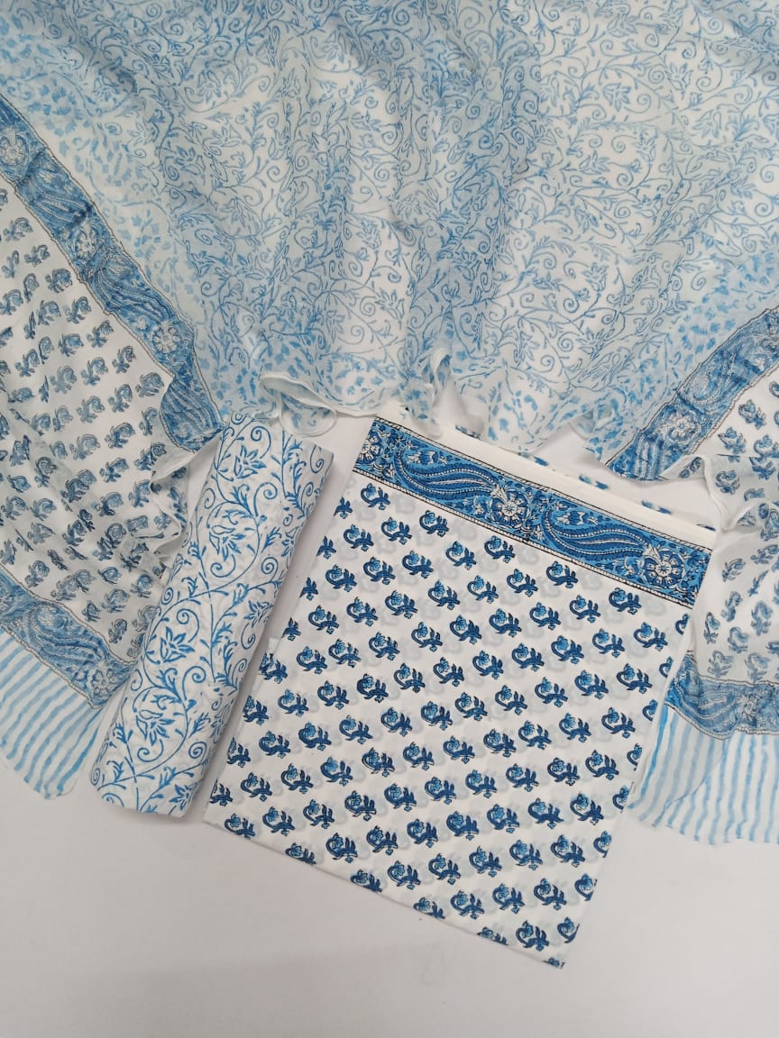 White Base Turquoise and Blue Buti Hand Block Printed Pure Cotton Unstitched Suit with Chiffon Dupatta - JB82