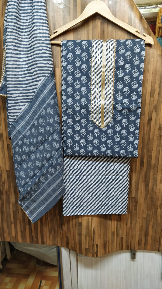 Small Floral Buti Cotton Hand Block Printed Gota Patti Suits with Cotton Dupatta- JBXGP64