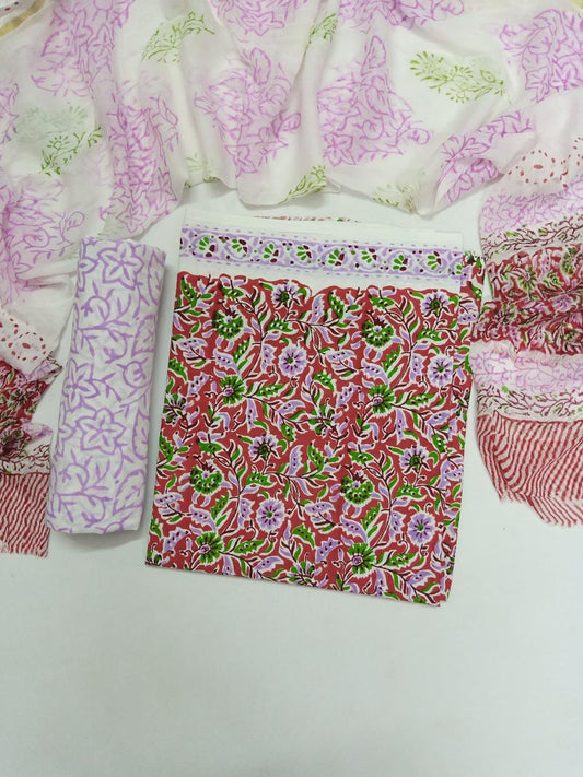 Red with Purple Florals Kalamkari Hand Block Printed Unstitched Cotton Suit with Chiffon Dupatta - JB94