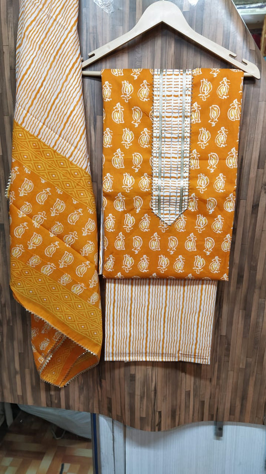 Small Floral Buti Cotton Hand Block Printed Gota Patti Suits with Cotton Dupatta- JBXGP63