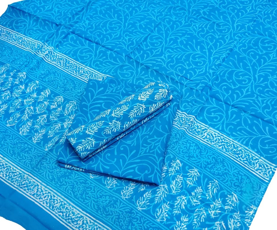 Pure Cotton Hand Block Printed Unstitched Salwar Suit Set With Cotton/Mulmul Dupatta - JBG146