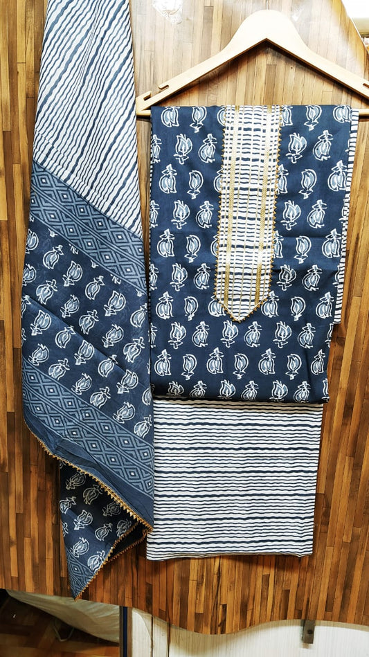 Small Floral Buti Cotton Hand Block Printed Gota Patti Suits with Cotton Dupatta- JBXGP62