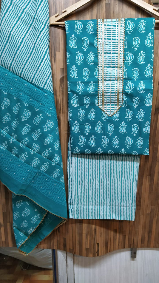 Small Floral Buti Cotton Hand Block Printed Gota Patti Suits with Cotton Dupatta- JBXGP61