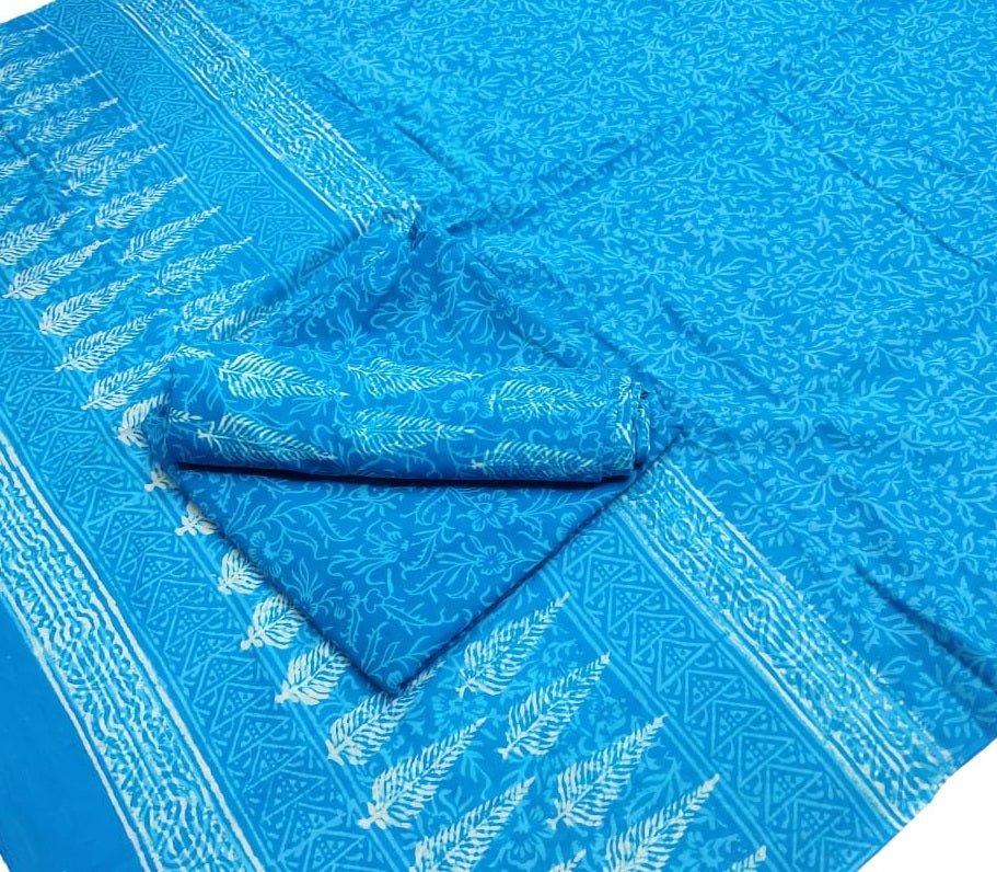 Pure Cotton Hand Block Printed Unstitched Salwar Suit Set With Cotton/Mulmul Dupatta - JBG176