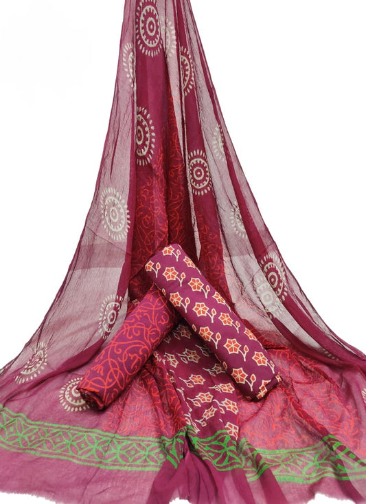 Cotton Unstitched Hand Block Printed Suit With Chiffon Dupatta - JBGC103