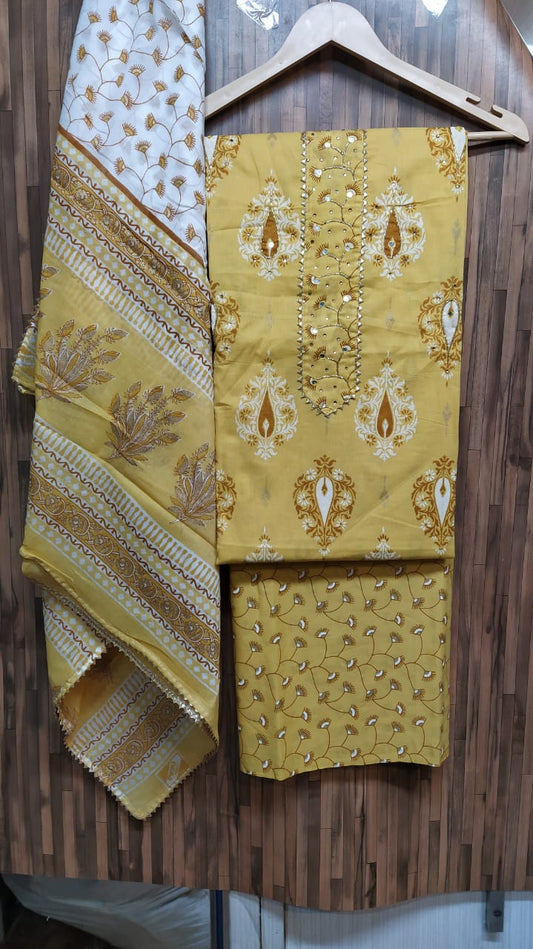 Small Floral Buti Cotton Hand Block Printed Gota Patti Suits with Cotton Dupatta- JBXGP60