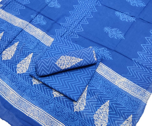 Hand Block Cotton Unstitched Salwar Suit With Cotton/Mulmul Dupatta - JBG172