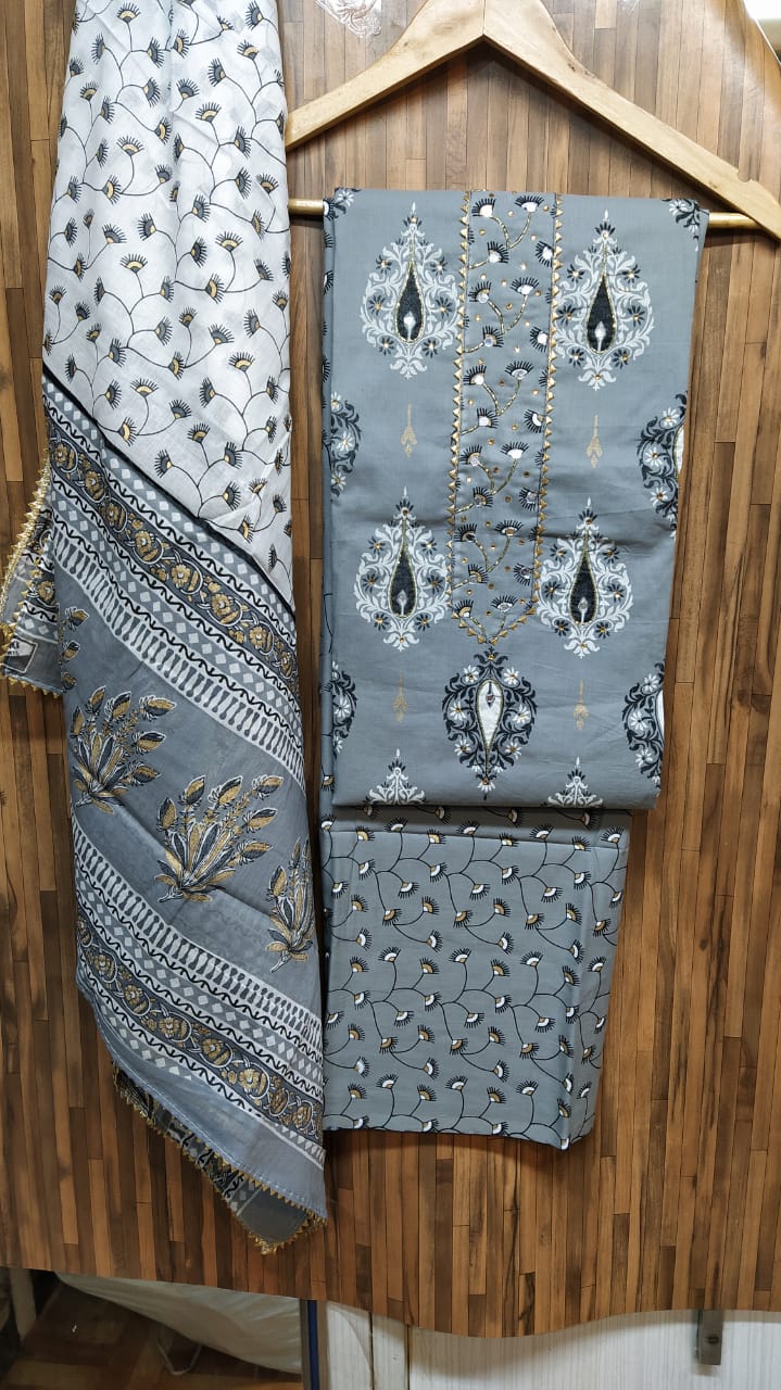 Small Buti Design Cotton Hand Block Printed Gota Patti Suits with Cotton Dupatta- JBXGP59