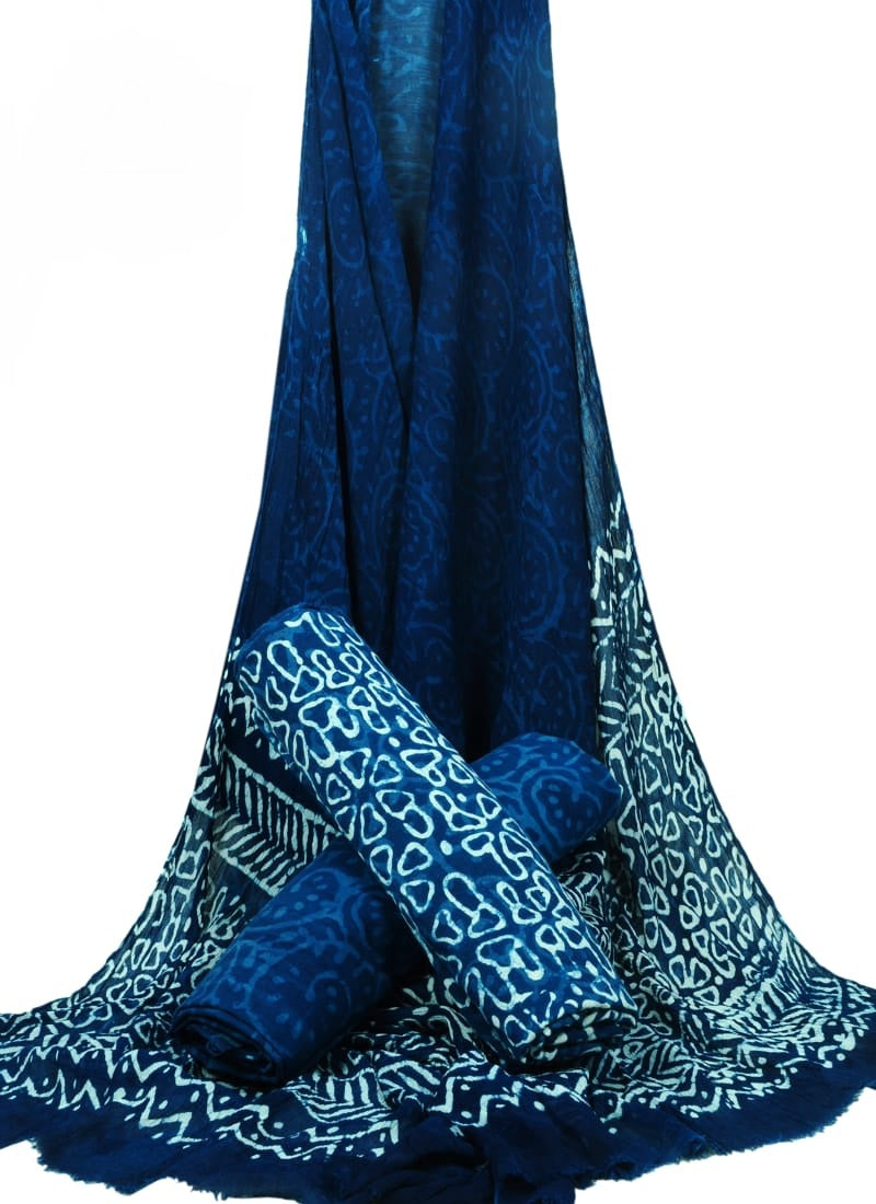 Indigo Blue Hand Block Printed Pure Cotton Unstitched Suit With Chiffon Dupatta - JBGC12