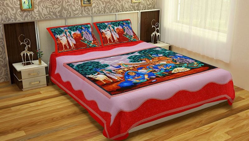 Red Pure Cotton Village Print Double Bedsheet With PIllow Covers