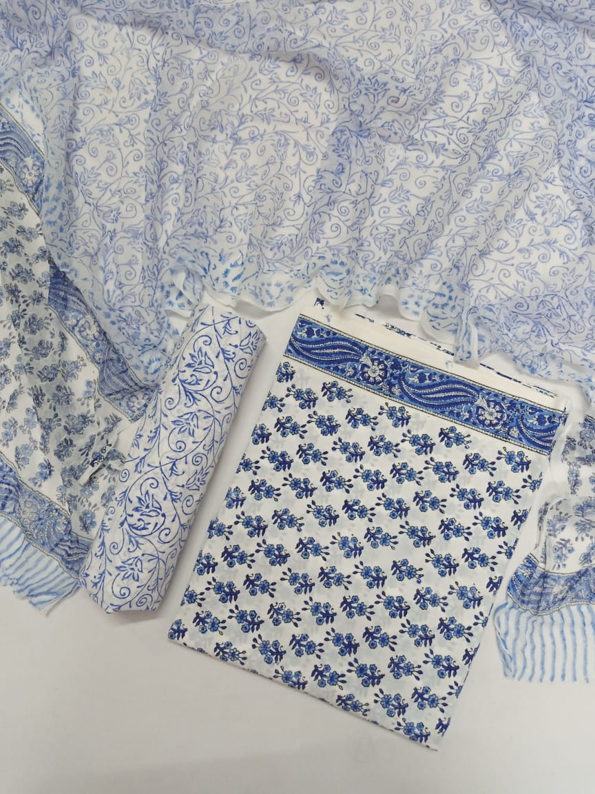 White Base Blue Floral Buti Hand Block Printed Pure Cotton Unstitched Suit with Chiffon Dupatta - JB75