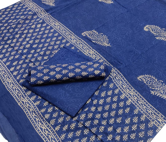 Pure Cotton Hand Block Printed Unstitched Salwar Suit Set With Cotton/Mulmul Dupatta - JBG171