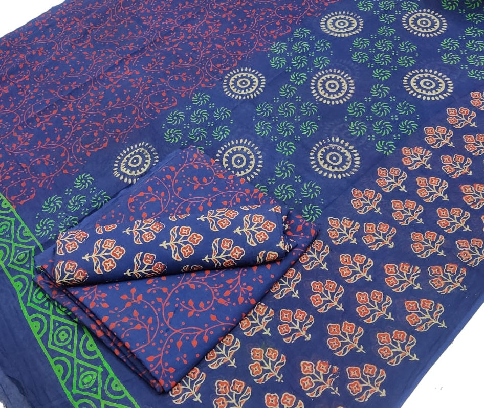 Hand Block Printed Pure Cotton Unstitched Salwar Suit Set With Cotton/Mulmul Dupatta - JBG170