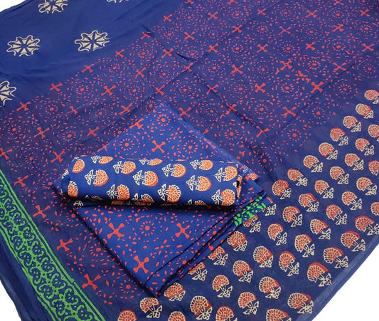 Pure Cotton Hand Block Printed Unstitched Salwar Suit Set With Cotton/Mulmul Dupatta - JBG168