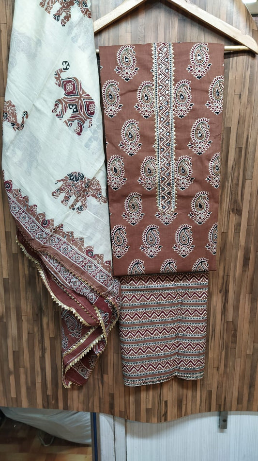 Small Floral Buti & Elephant Print Cotton Hand Block Printed Gota Patti Suits with Cotton Dupatta- JBXGP58