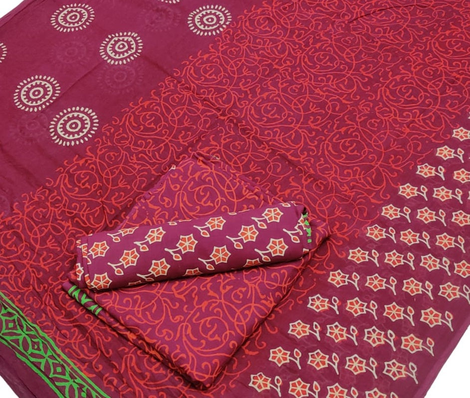 Pure Cotton Hand Block Printed Unstitched Salwar Suit Set With Cotton/Mulmul Dupatta - JBG145