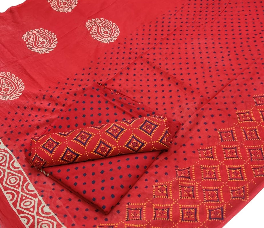 Hand Block Printed Pure Cotton Unstitched Salwar Suit Set With Cotton/Mulmul Dupatta - JBG167