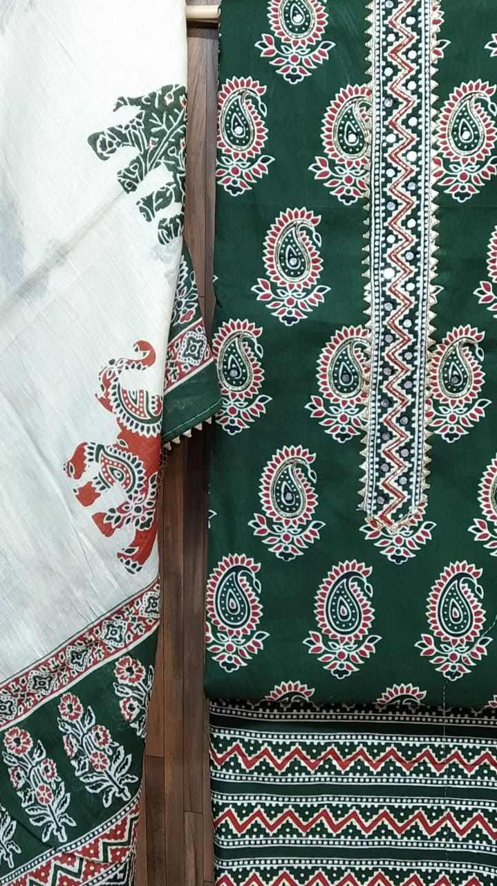 Small Floral Buti Cotton Hand Block Printed Gota Patti Suits with Cotton Dupatta- JBXGP56