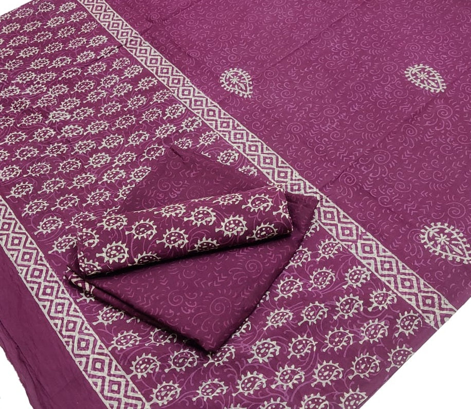 Pure Cotton Hand Block Printed Unstitched Salwar Suit Set With Cotton/Mulmul Dupatta - JBG165