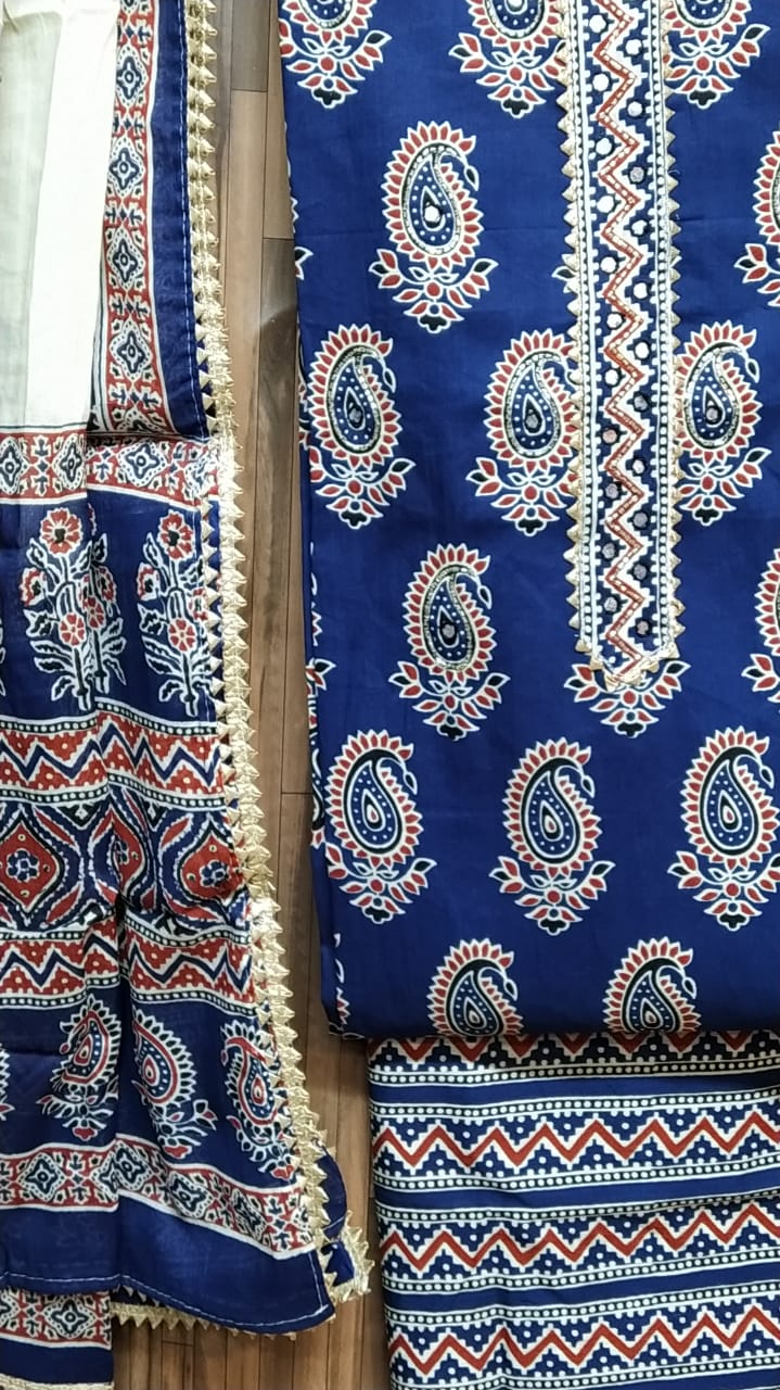 Small Buti Cotton Hand Block Printed Gota Patti Suits with Cotton Dupatta- JBXGP55