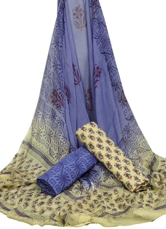 Cotton Unstitched Hand Block Printed Suit With Chiffon Dupatta - JBGC94