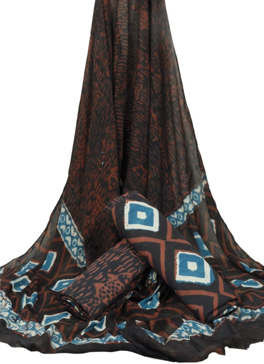 Hand Block Printed Pure Cotton Unstitched Suit With Chiffon Dupatta - JBGC93