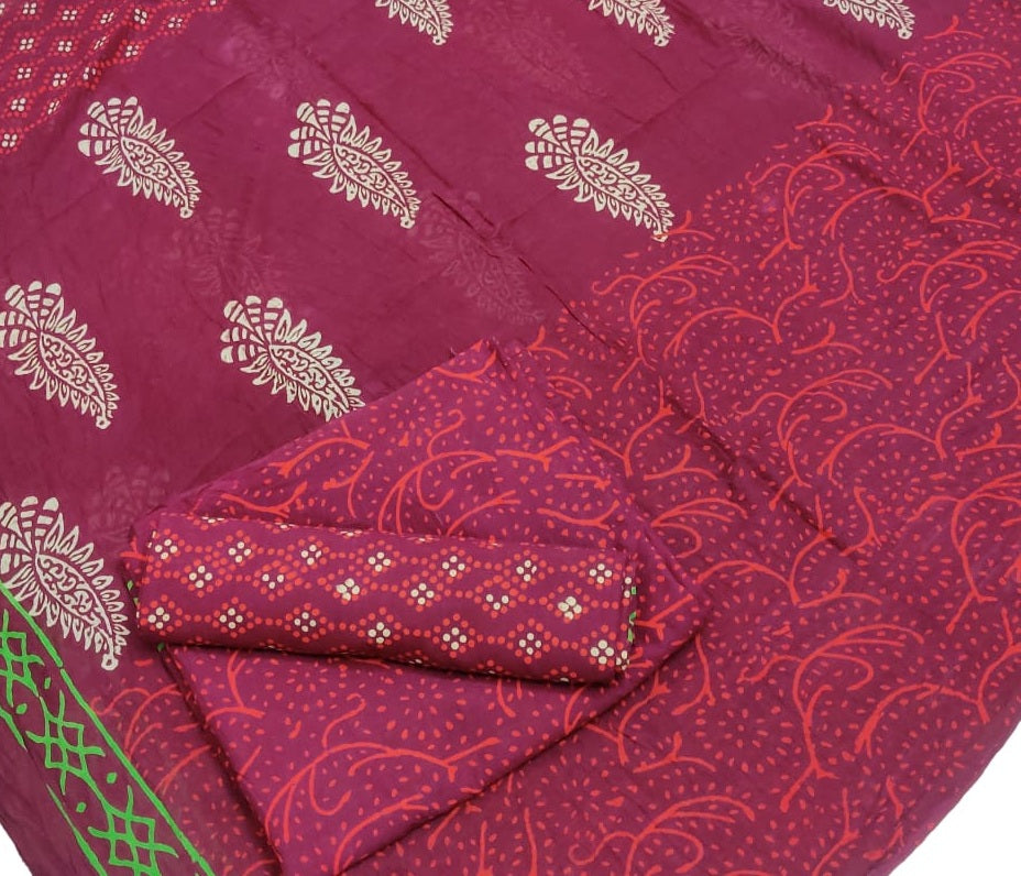 Hand Block Cotton Unstitched Salwar Suit With Cotton/Mulmul Dupatta - JBG162